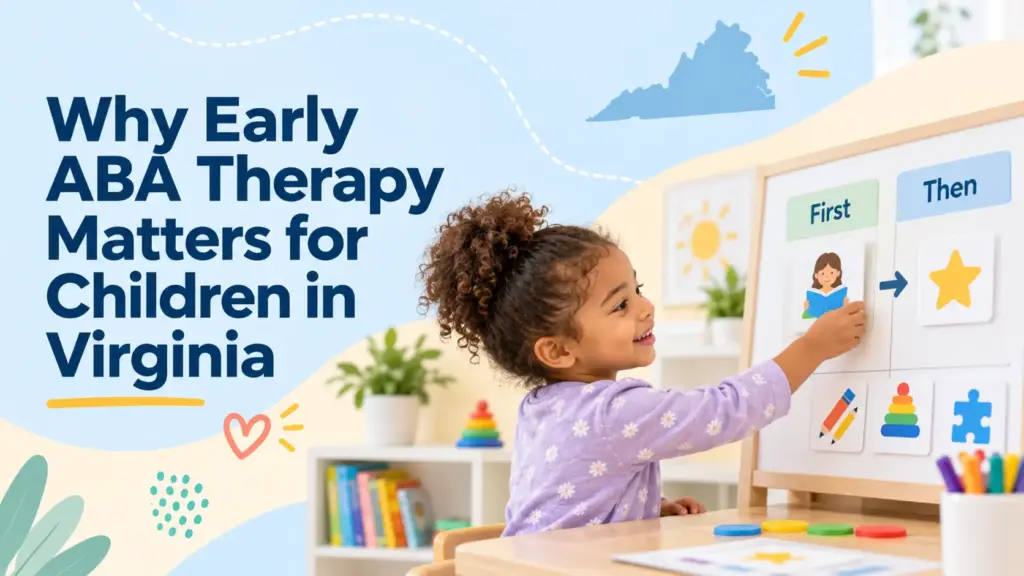 Child using a first-then visual schedule beside the title “Why Early ABA Therapy Matters for Children in Virginia.”