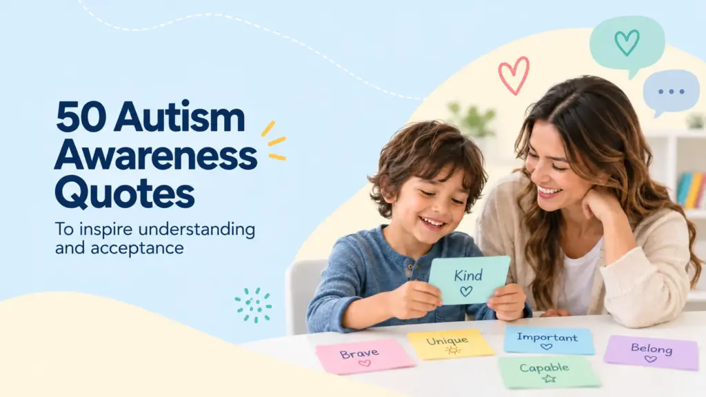 Child and caregiver reading positive affirmation cards for autism awareness, understanding, acceptance, inclusion, and support.